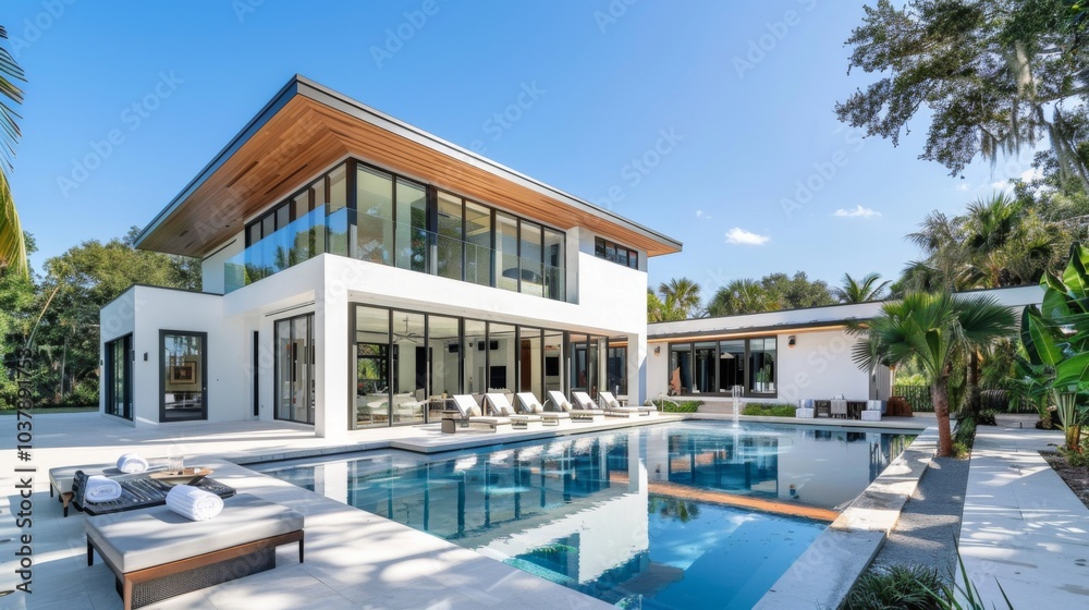 Fototapeta premium Modern Villa with Pool and Tropical Landscaping