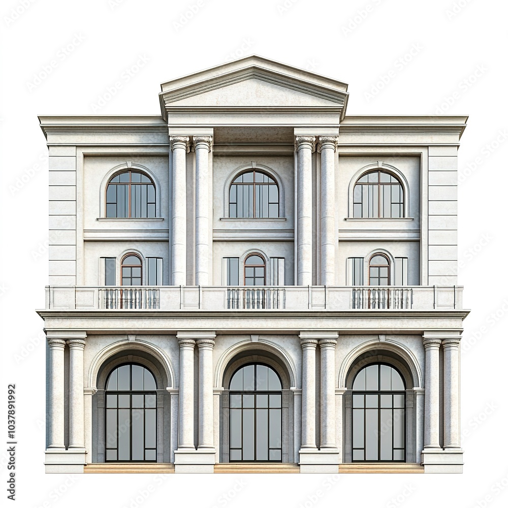 A large university campus building with arched windows and pillars, academic architecture, photorealistic style, classic stone finish, isolated on white background A large university campus building with arched windows and pillars, academic architecture, photorealistic style, classic stone finish, isolated on white background