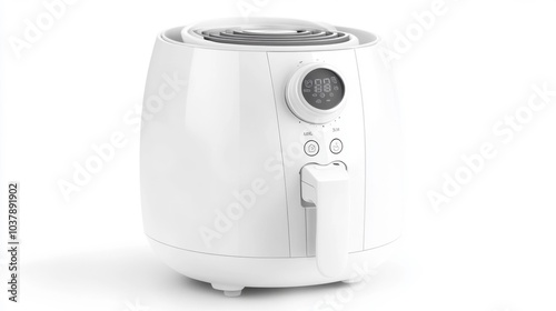 Modern white air fryer with digital display and control buttons on a white background. Ideal kitchen appliance for healthy cooking with minimal oil usage.. Generative AI