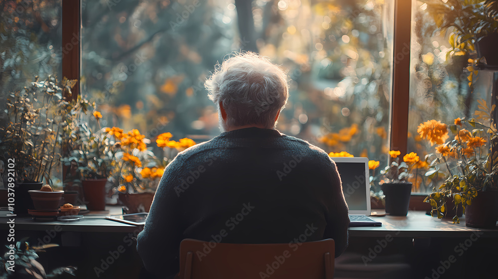 View from the rear of a mature man sitting at a table in a new residence, using a tablet. View from the rear of a mature man sitting at a table in a new residence, using a tablet.