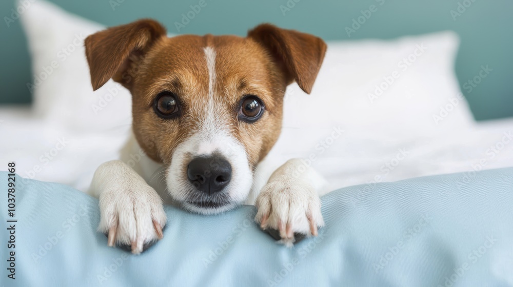 Adorable Jack Russell Terrier Resting with Big Sad Eyes on Bedspread in Cozy Atmosphere Adorable Jack Russell Terrier Resting with Big Sad Eyes on Bedspread in Cozy Atmosphere