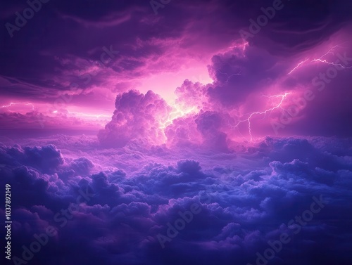 intense stormy sky with multiple cloud-to-ground lightning strikes illuminating the dark clouds, creating a dramatic and electrifying atmosphere for weather-related themes