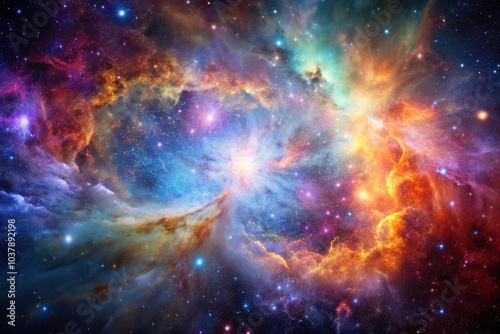 Extreme close-up view of a colorful cosmic nebula in space