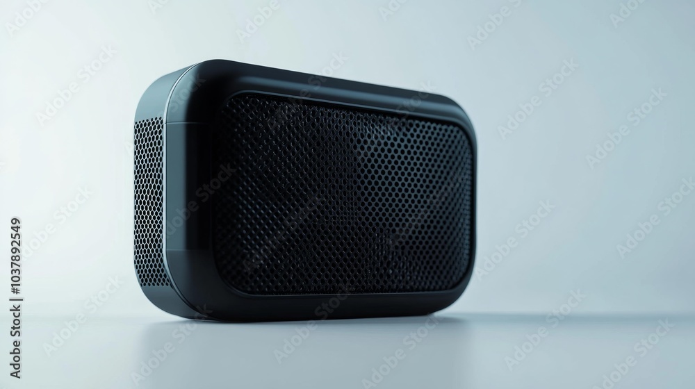 Compact black Bluetooth speaker with a minimalist design in a studio setting on a light background. Generative AI Compact black Bluetooth speaker with a minimalist design in a studio setting on a light background. Generative AI
