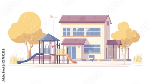 A small suburban school building with playground equipment, community setting, flat style, soft colors, isolated on white background 