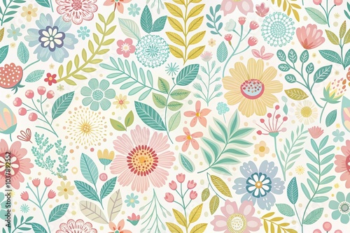 Close-Up Scandinavian and soft floral pattern in bright pastel colors with intricate details photo