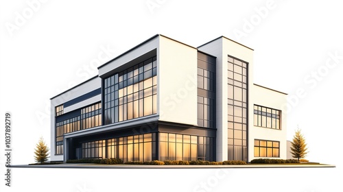 A modern school building with large windows and sleek design, educational architecture, photorealistic style, neutral tones, isolated on white background