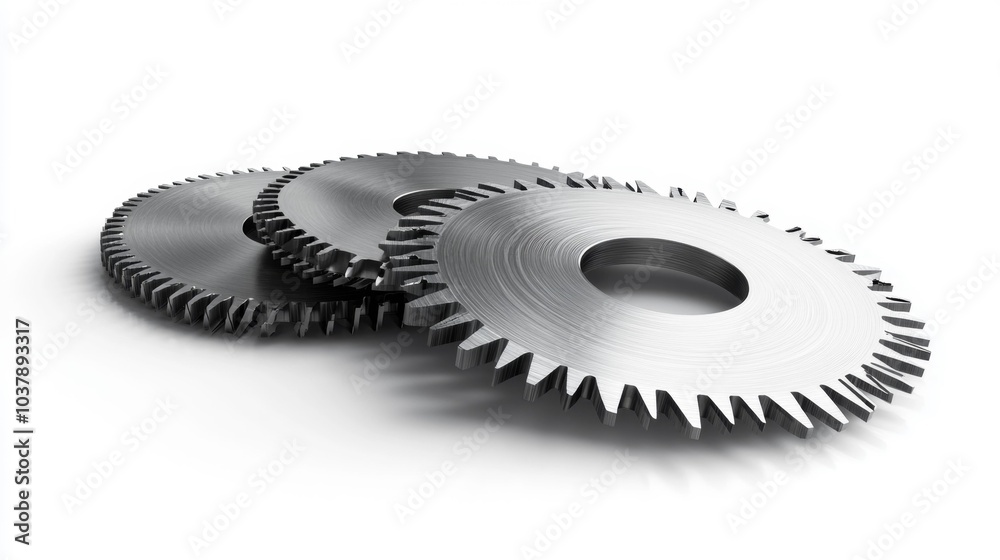 Circular saw blades on white background set of three sharp metal cutting discs with jagged edges for industrial use in woodworking and construction projects. Generative AI