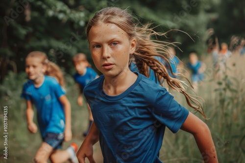 Children run in the park. Children run in the park. Children run in nature.