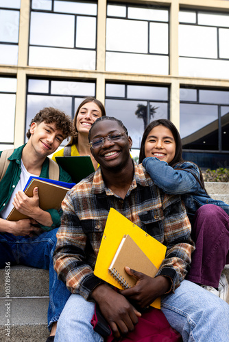 Vertical portrait of happy and smiling group of multiracial college student friends looking at camera sitting on stairs outside university building. Youth lifestyle concept.