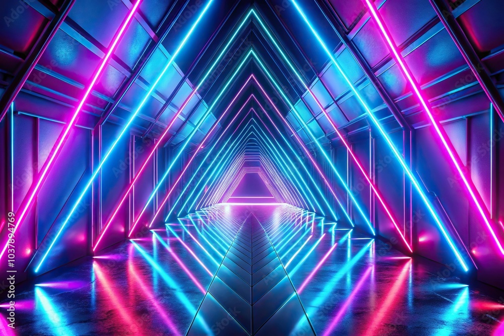 Obraz premium futuristic neon tunnel with blue and pink laser glow geometric Tilted Angle