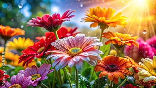 Fototapeta Naklejka Na Ścianę i Meble -  Closeup shot of colorful flowers with water droplets, sunlight