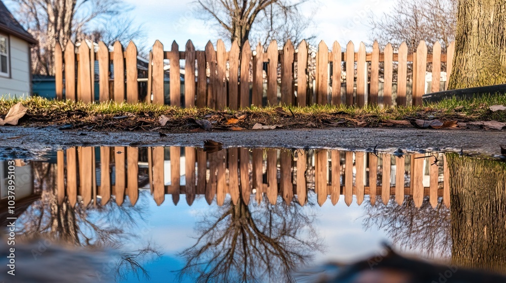 Fototapeta premium Backyard with standing water reflecting the surrounding trees and sky, capturing the serene beauty of nature's reflection and the tranquility of a still moment.