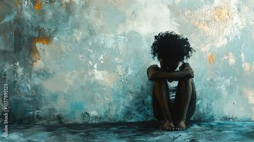 alcohol ink photo with touches of oil paint depicting a young, a girl an emotionally charged scene with a young person sitting on the ground with her head between her knees. against a concrete wall.