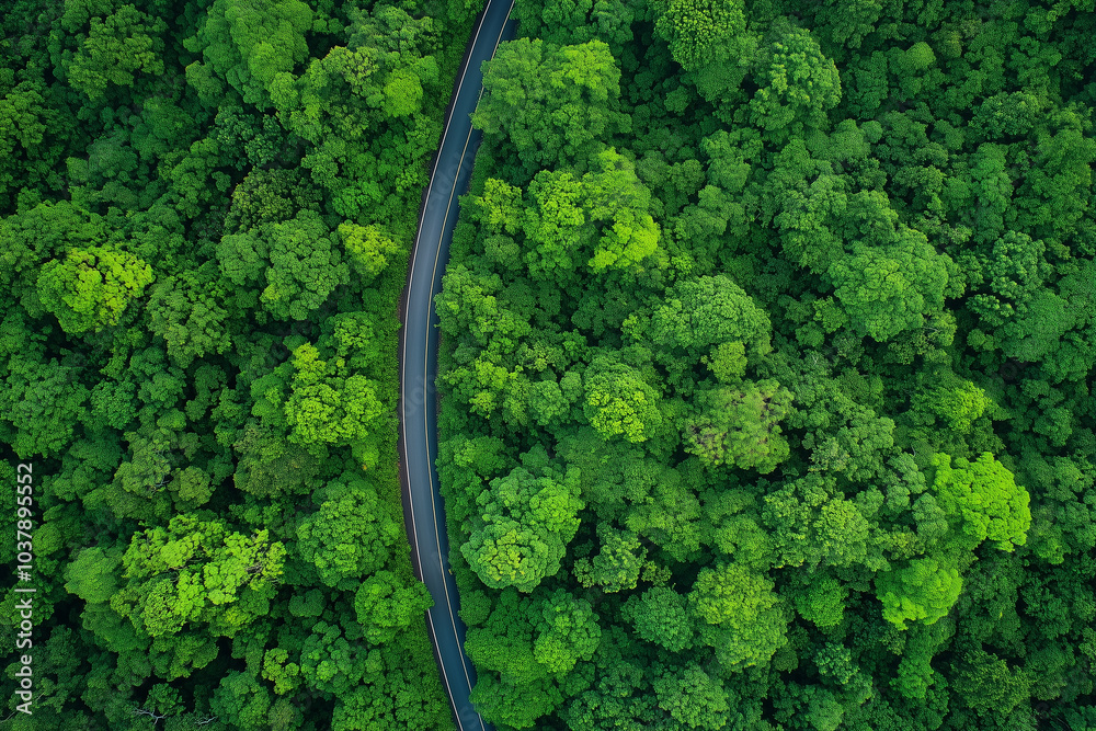 Aerial View of Winding Road Through Lush Green Forest Aerial View of Winding Road Through Lush Green Forest