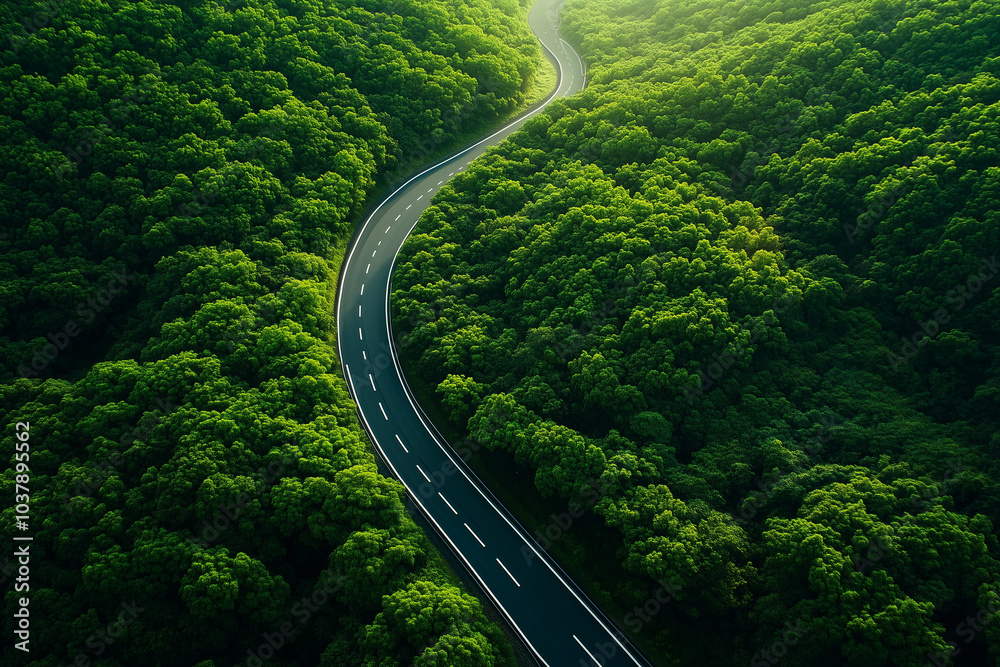 Fototapeta premium Aerial View of Winding Road Through Lush Green Forest