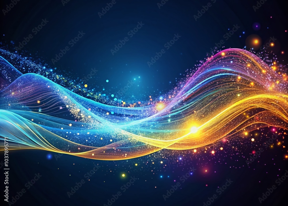 Dynamic particles and wavy lines on a deep blue background, perfect for adding visual interest to digital design Dynamic particles and wavy lines on a deep blue background, perfect for adding visual interest to digital design