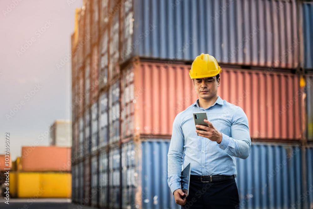 Caucasian worker use smartphone and ipad about business working at the port for transfer products. Caucasian worker use smartphone and ipad about business working at the port for transfer products.