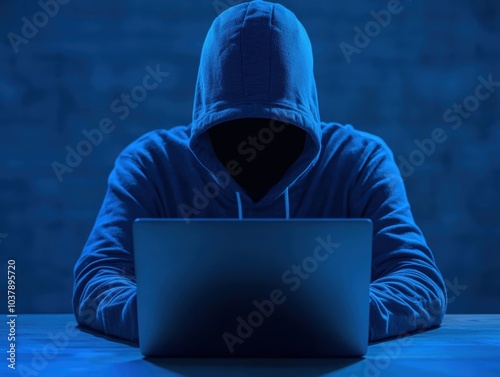 Mysterious Figure in Hooded Sweatshirt Engaged with Laptop in Dark Blue Environment