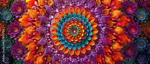 Vibrant mandala of colorful flowers and patterns creating a mesmerizing visual harmony in nature's palette