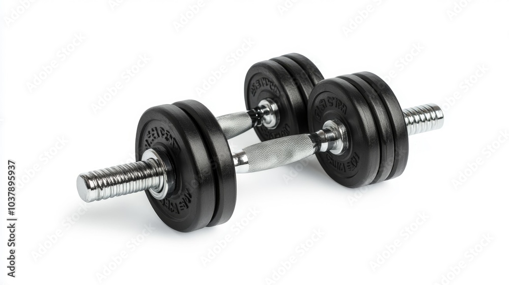Pair of black adjustable dumbbells with chrome handles on a white background gym equipment for weightlifting and strength training. Generative AI Pair of black adjustable dumbbells with chrome handles on a white background gym equipment for weightlifting and strength training. Generative AI