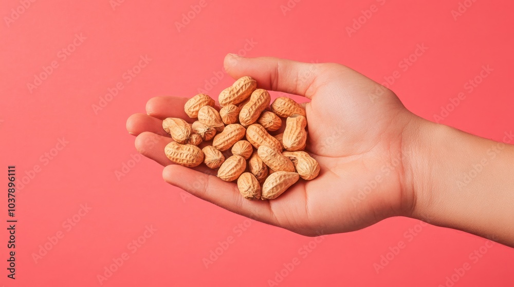 hand holding a small pile of shelled peanuts against a bright, solid-colored background hand holding a small pile of shelled peanuts against a bright, solid-colored background