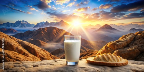 Forced perspective photo of Jewish holiday Shavuot celebration on Mount Sinai, featuring both milky pleasure and sacred tranquility photo