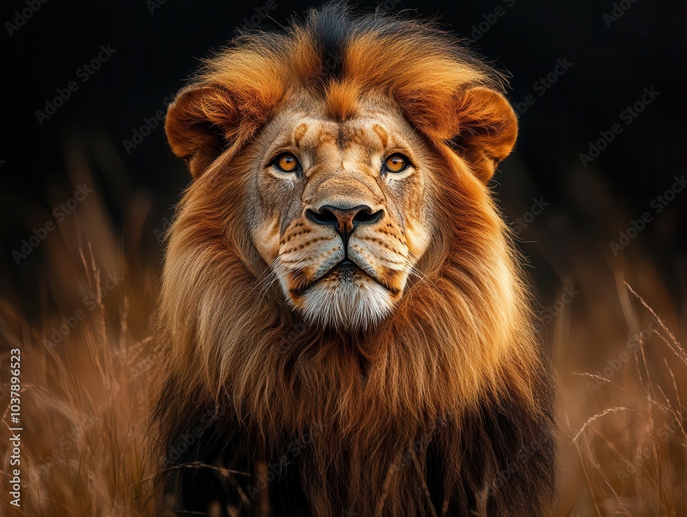 Fototapeta premium magnificent portrait of a lion, showcasing its majestic mane and piercing eyes, captured in a natural setting. the warm golden tones depict strength and the wild beauty of nature