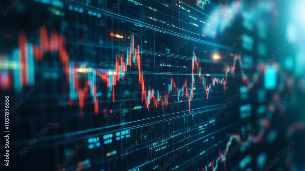 A vibrant visualization of stock market data depicting fluctuating trading patterns and analytics. The dynamic graph represents real-time online trading activity in a digital environment. A vibrant visualization of stock market data depicting fluctuating trading patterns and analytics. The dynamic graph represents real-time online trading activity in a digital environment.