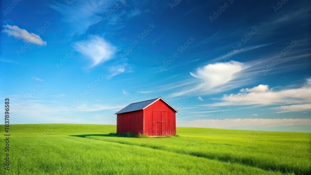 Grassy field with red shed and blue sky Grassy field with red shed and blue sky