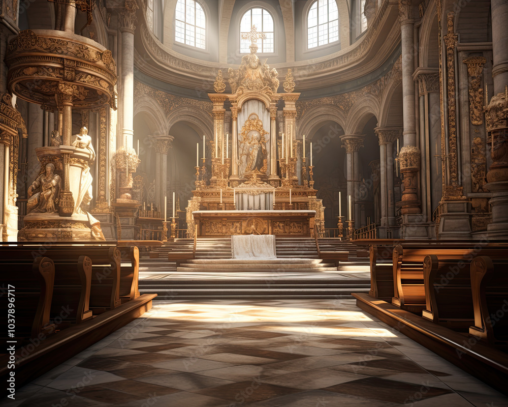 Inside a gold catholic cathedral