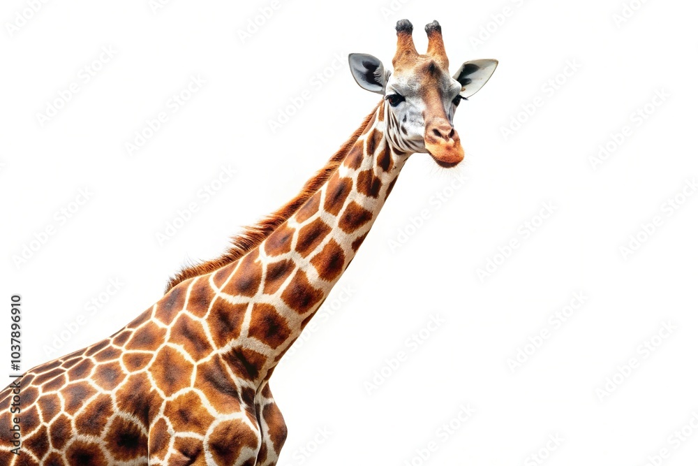Giraffe with spotted coat standing on plain white background Giraffe with spotted coat standing on plain white background