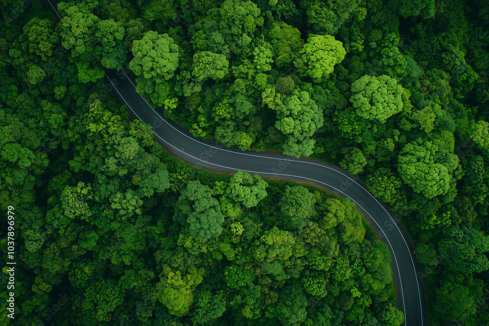 Aerial View of Winding Road Through Lush Green Forest Aerial View of Winding Road Through Lush Green Forest