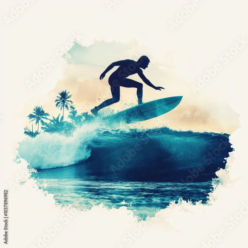 A dynamic silhouette of a surfer riding a wave at sunset, surrounded by tropical elements. Ideal for projects related to adventure or beach life. photo