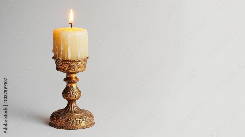 A detailed close-up of an antique candlestick holder, crafted in ornate brass with a softly dripping candle, isolated on transparent, evoking a sense of historical ambiance A detailed close-up of an antique candlestick holder, crafted in ornate brass with a softly dripping candle, isolated on transparent, evoking a sense of historical ambiance