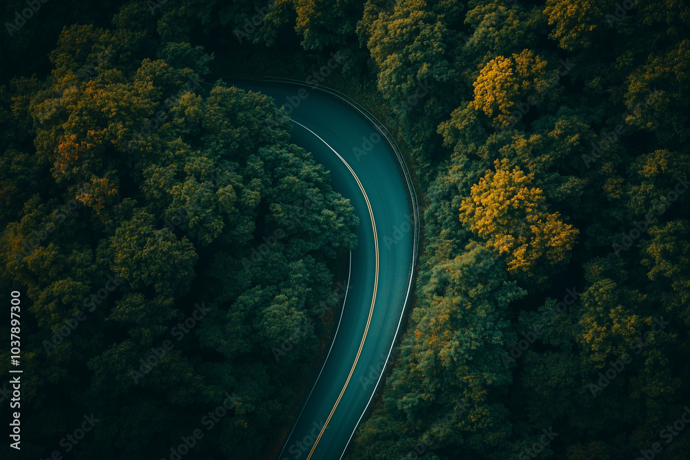 Aerial View of Winding Road Through Lush Green Forest Aerial View of Winding Road Through Lush Green Forest