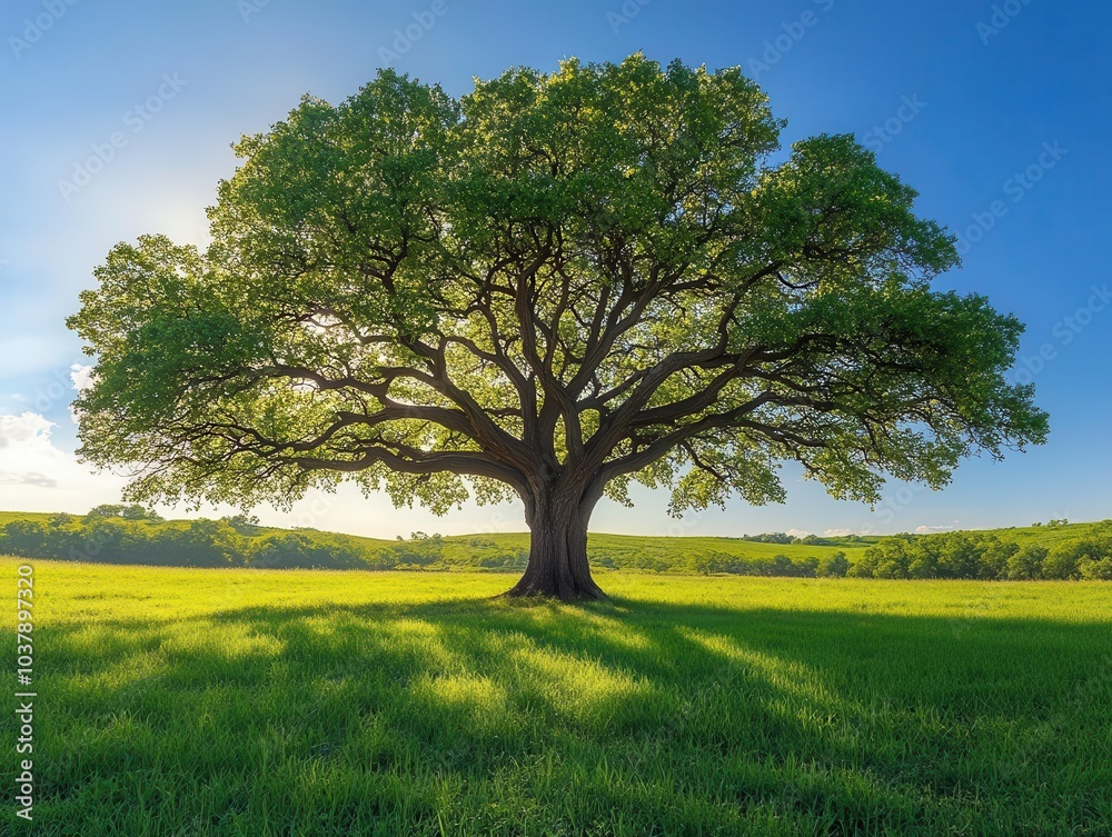 Fototapeta premium majestic english walnut tree standing alone in an open field, showcasing its sprawling branches and lush green foliage against a clear blue sky. a symbol of strength and resilience in nature