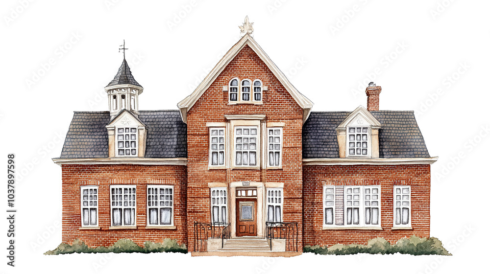 A historic Victorian school building with ornate details, traditional architecture, watercolor style, soft pastel tones, isolated on white background A historic Victorian school building with ornate details, traditional architecture, watercolor style, soft pastel tones, isolated on white background
