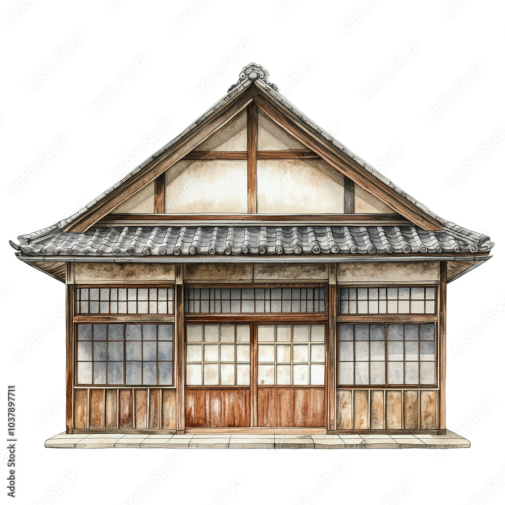 Fototapeta premium A traditional Japanese school building with wooden exterior and sliding doors, cultural architecture, watercolor illustration, natural tones, isolated on white background 