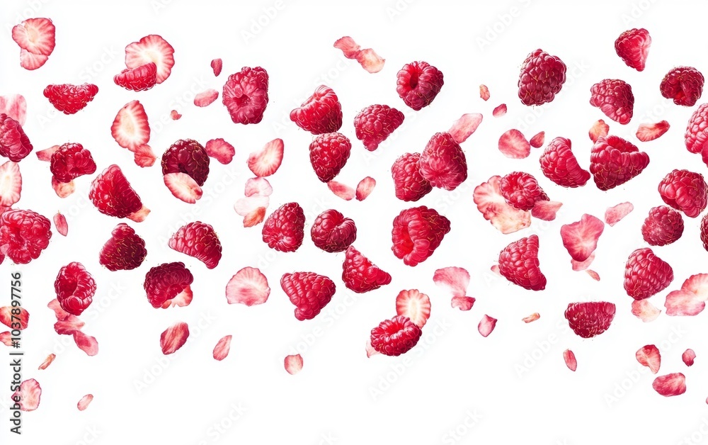 Falling fresh raspberries and raspberry slices isolated on white background. Generative AI Falling fresh raspberries and raspberry slices isolated on white background. Generative AI