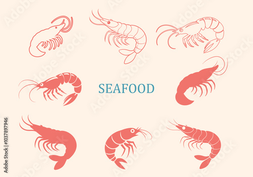 Large prawn shrimp icons set, drawn by graphic lines. Element for a menu of fish restaurants, for packaging in markets and in stores. Healthy seafood concept