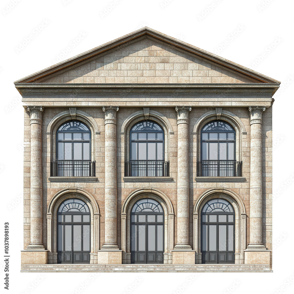 A large university campus building with arched windows and pillars, academic architecture, photorealistic style, classic stone finish, isolated on white background A large university campus building with arched windows and pillars, academic architecture, photorealistic style, classic stone finish, isolated on white background