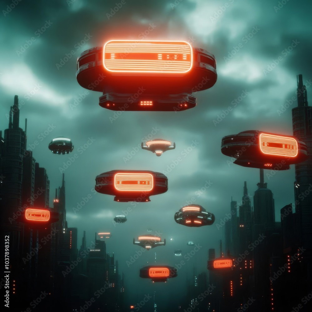 High-tech alien city, floating neon signs, dark skies, hovering vehicles High-tech alien city, floating neon signs, dark skies, hovering vehicles
