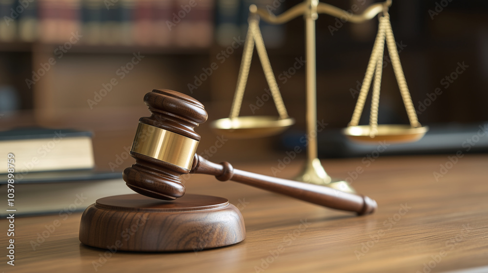 A wooden judges gavel placed on a desk with the scales of justice in the background A wooden judges gavel placed on a desk with the scales of justice in the background