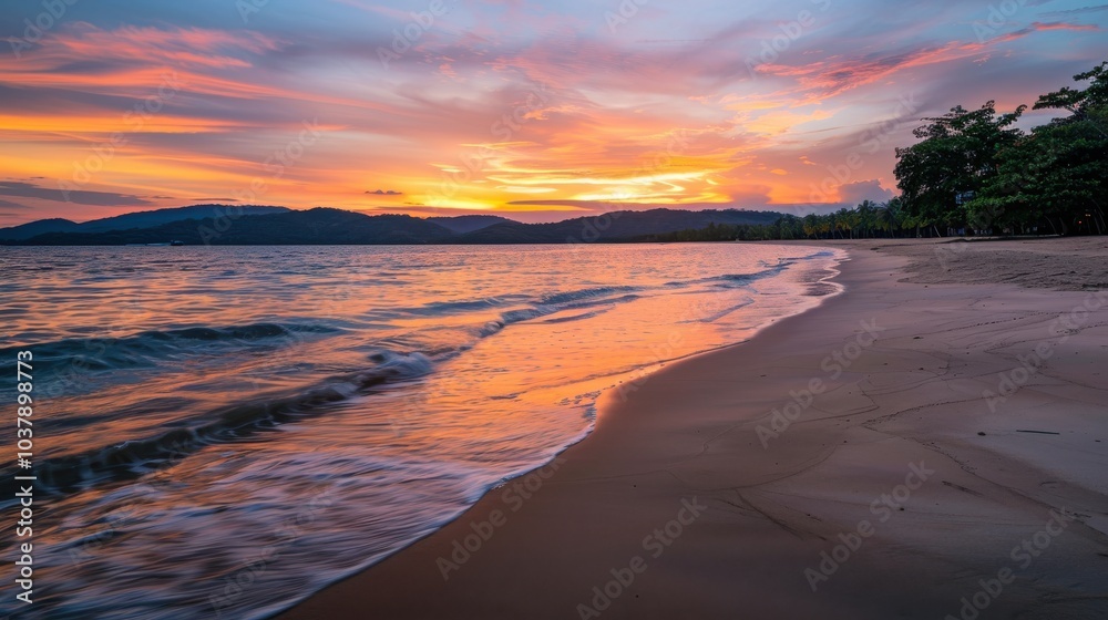 Fototapeta premium Calm sunrise over an empty beach with gentle waves lapping at the shoreline and a colorful sky reflecting off the water