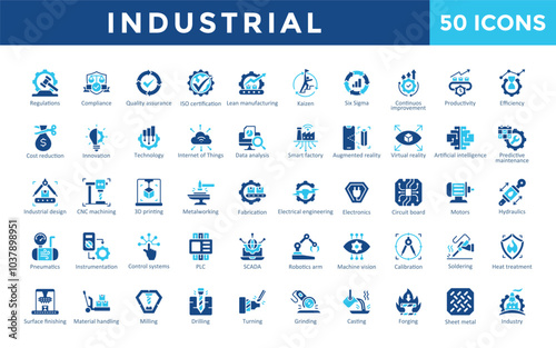Industrial icon set with regulations, compliance, quality assurance, iso certification, lean manufacturing, kaizen, six sigma, continuous improvement, productivity icon. Simple flat vector 
