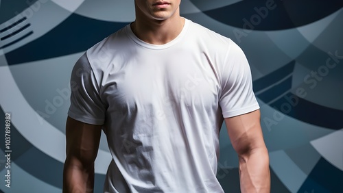 White T shirt mockup cotton apparel, isolated with green leaves flower on background. Design plain Tshirt template, T-shirt business print presentation mock up Top view flat tee lay