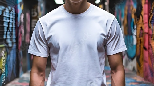 White T shirt mockup cotton apparel, isolated with green leaves flower on background. Design plain Tshirt template, T-shirt business print presentation mock up Top view flat tee lay