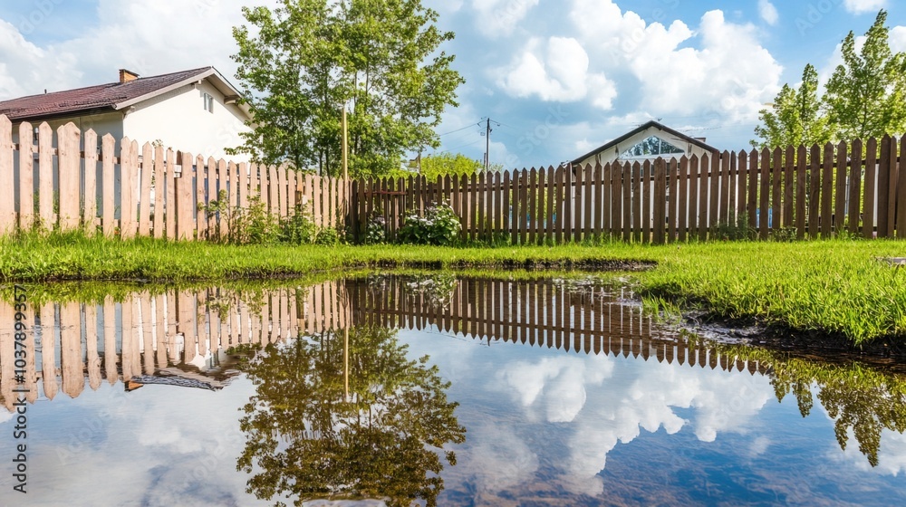 Fototapeta premium Backyard with standing water reflecting the surrounding trees and sky, capturing the serene beauty of nature's reflection and the tranquility of a still moment.
