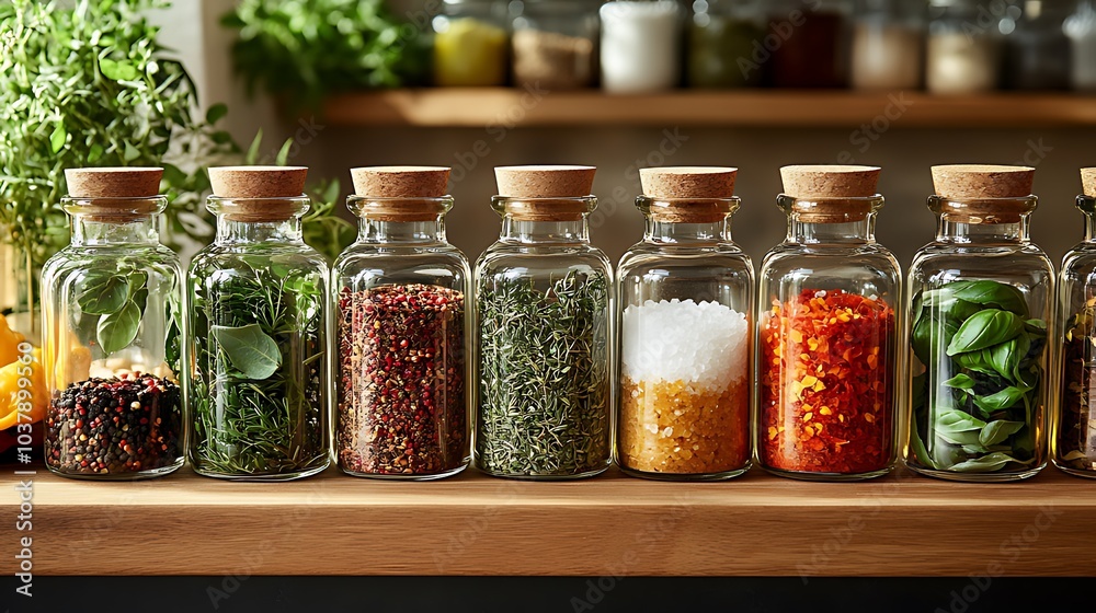 A row of glass jars with cork lids filled with various spices and herbs on a wooden counter. A row of glass jars with cork lids filled with various spices and herbs on a wooden counter.
